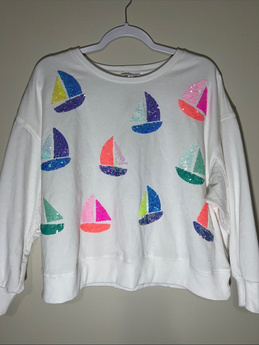 White Sequin Sailboat Sweatshirt - Women’s Cozy Pullover